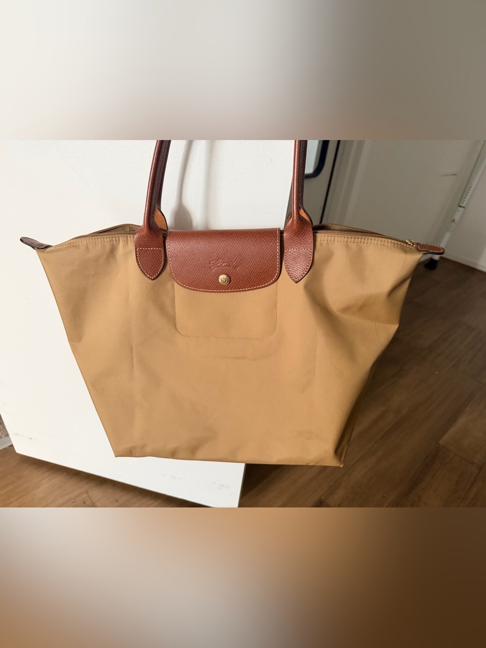 Longchamp Tan Nylon Tote with Brown Leather Trim Large